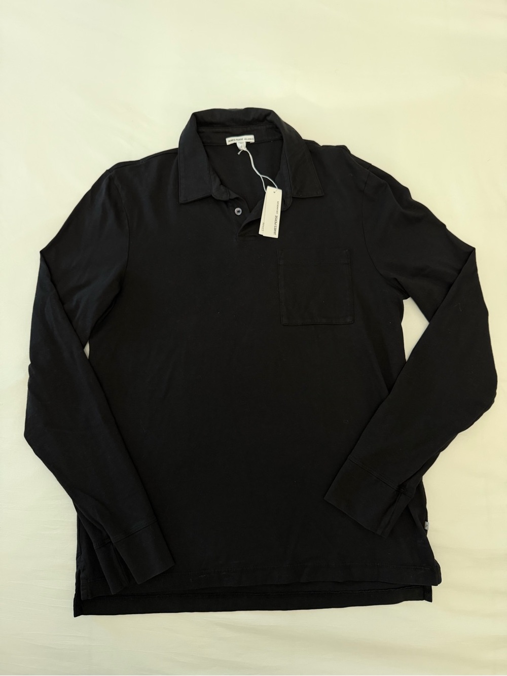 James Perse Men's Black Long-Sleeve Polo with Chest Pocket